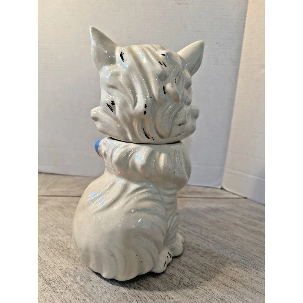 Vintage American Bisque Fluffy Cat Cookie Jar Blue Bow 1940s 1950s Pottery USA